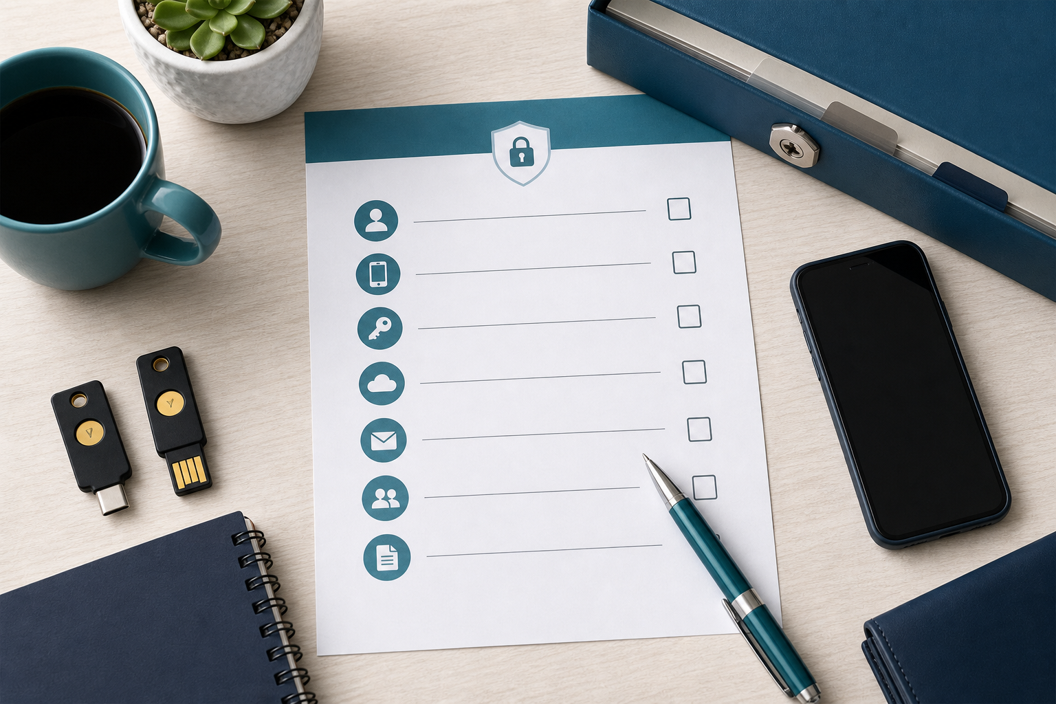 Recovery checklist with phone and security keys for passkey and password manager backup planning.