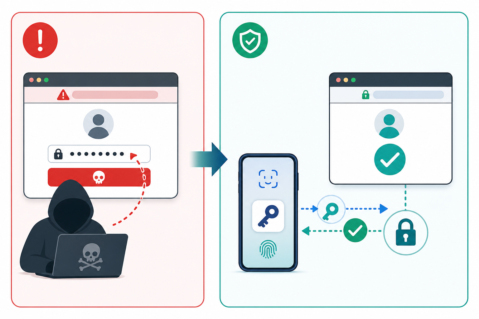 Visual explainer showing passkeys resisting a fake login page and protecting sign-in credentials.