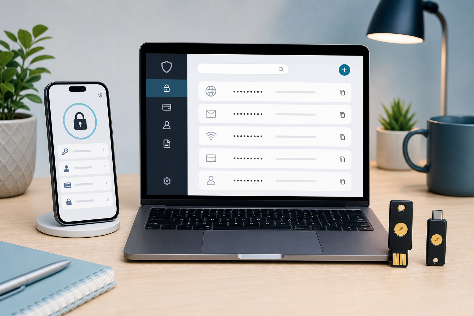 Smartphone, password vault, and hardware security keys representing credential security choices.