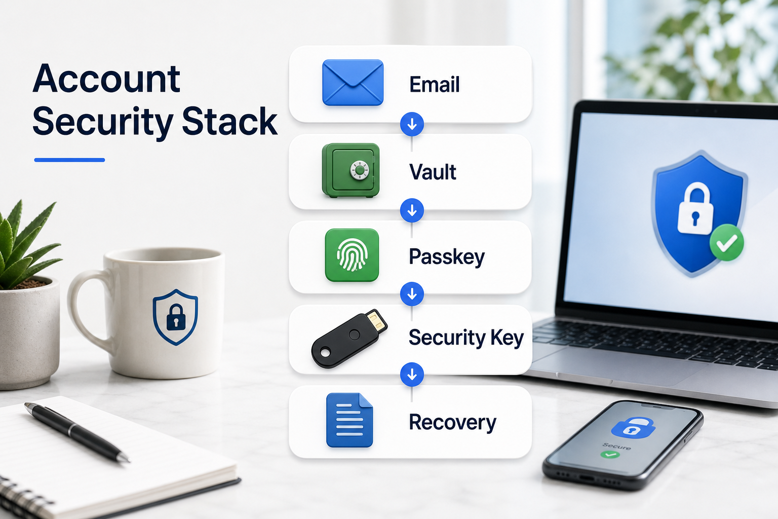Account security stack showing email, password manager vault, passkey, hardware security key, and recovery steps.