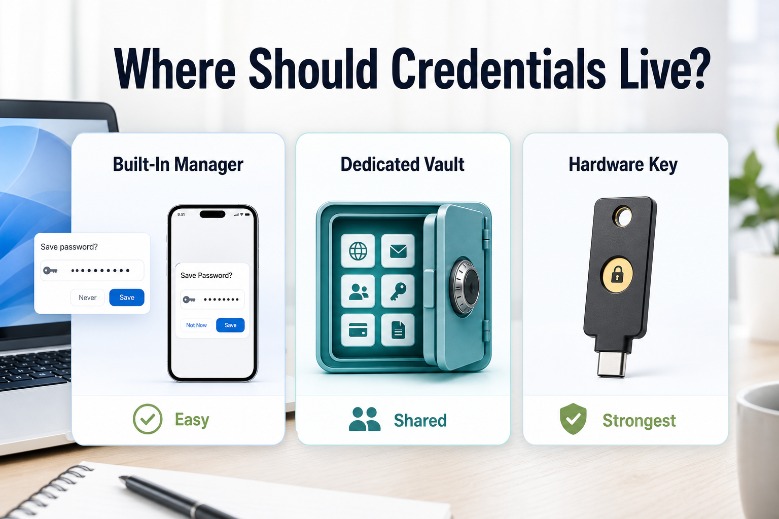 Comparison graphic showing built-in password managers, dedicated vaults, and hardware security keys as credential storage options.