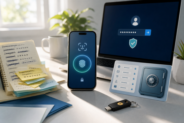 Smartphone, laptop, password vault, and hardware security key illustrating Password Managers vs Passkeys.