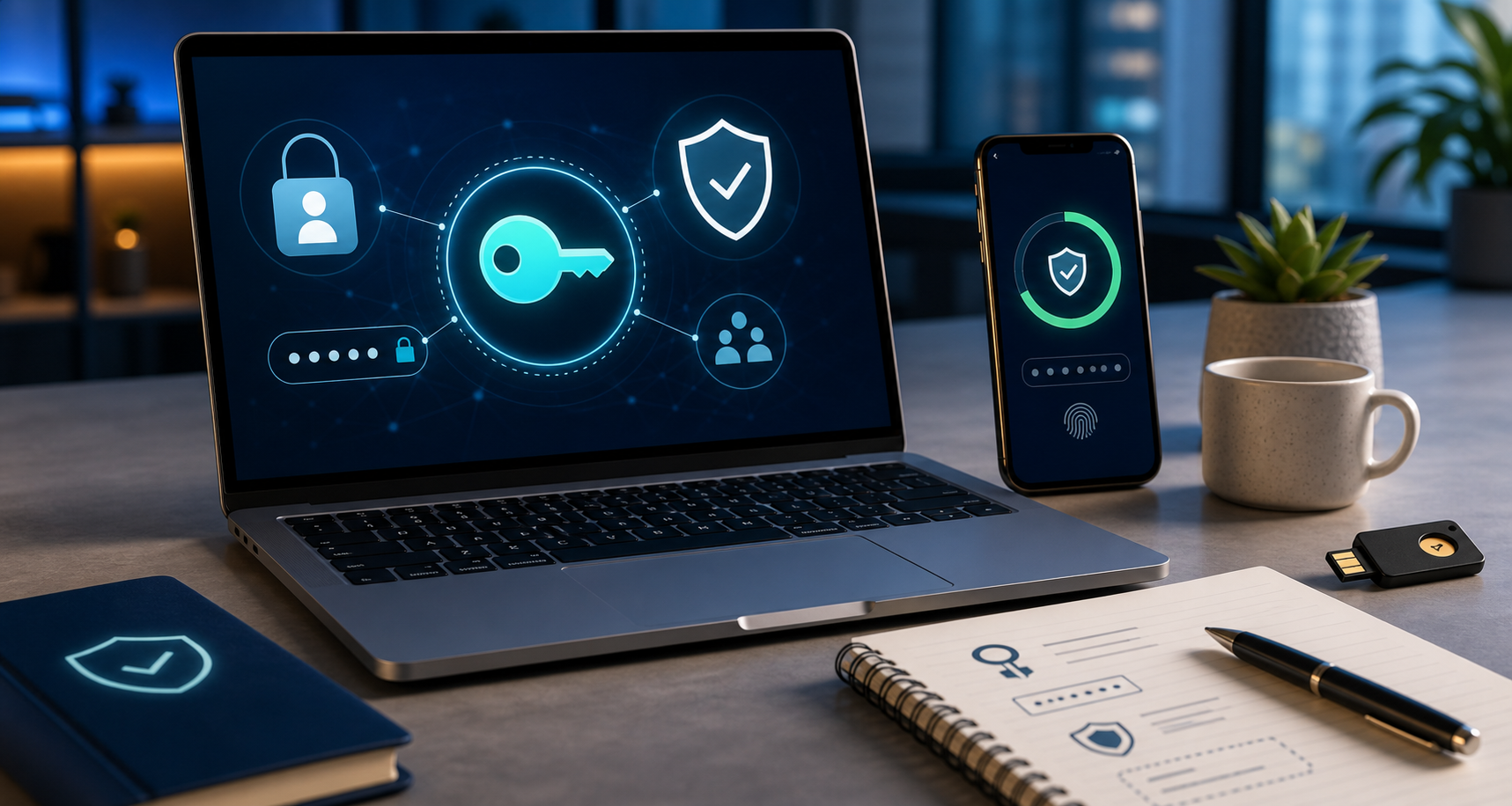 Account security visual showing passkeys, two-factor authentication, recovery planning, and protected sign-ins