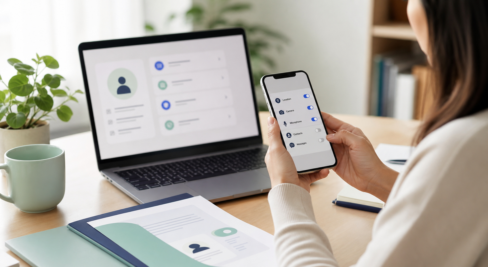 Privacy and identity protection visual showing phone permission controls with a laptop and personal documents on a clean desk