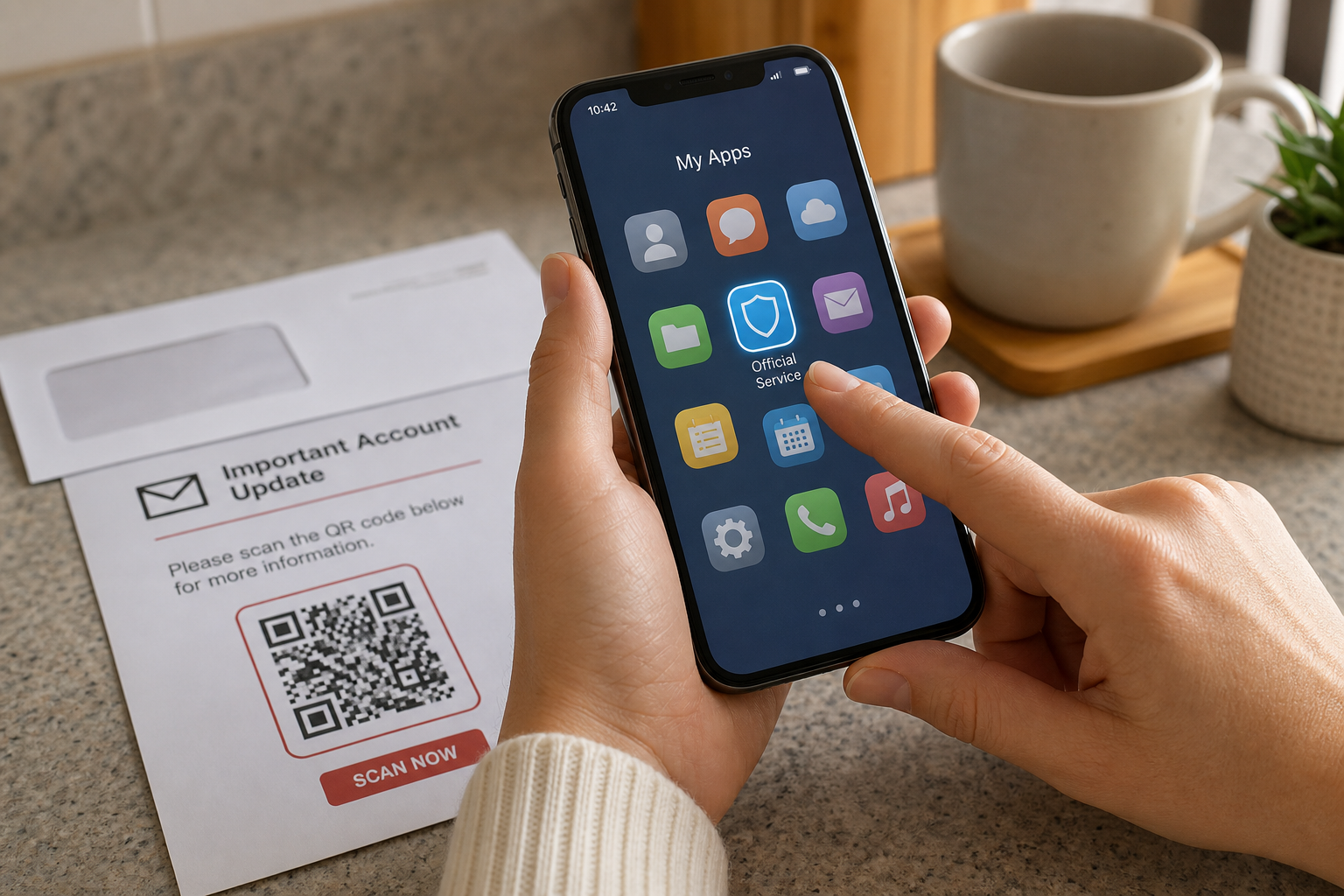 Person choosing a generic official service app instead of scanning a QR code on an account notice.