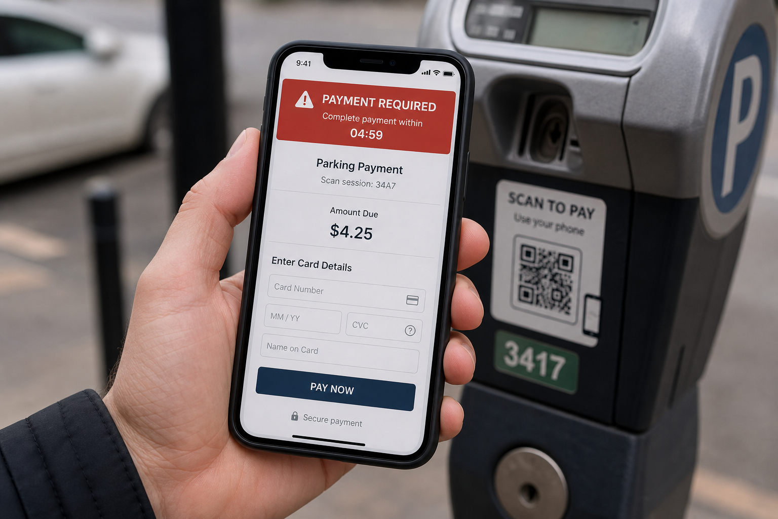 Smartphone showing a suspicious parking payment page opened from a QR code near a parking meter.
