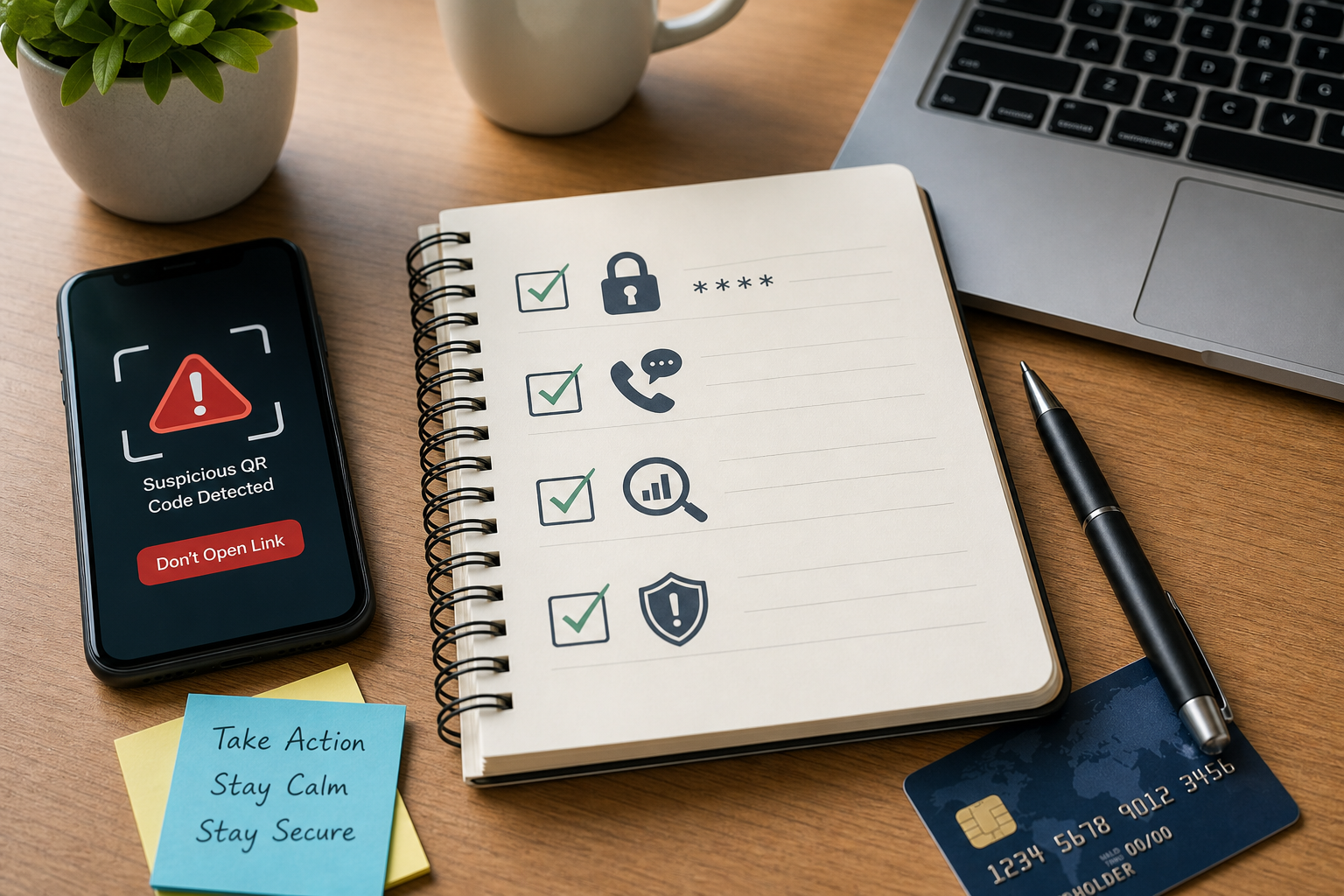 Desk checklist for recovering after scanning a suspicious QR code, with phone, notebook, and security icons.