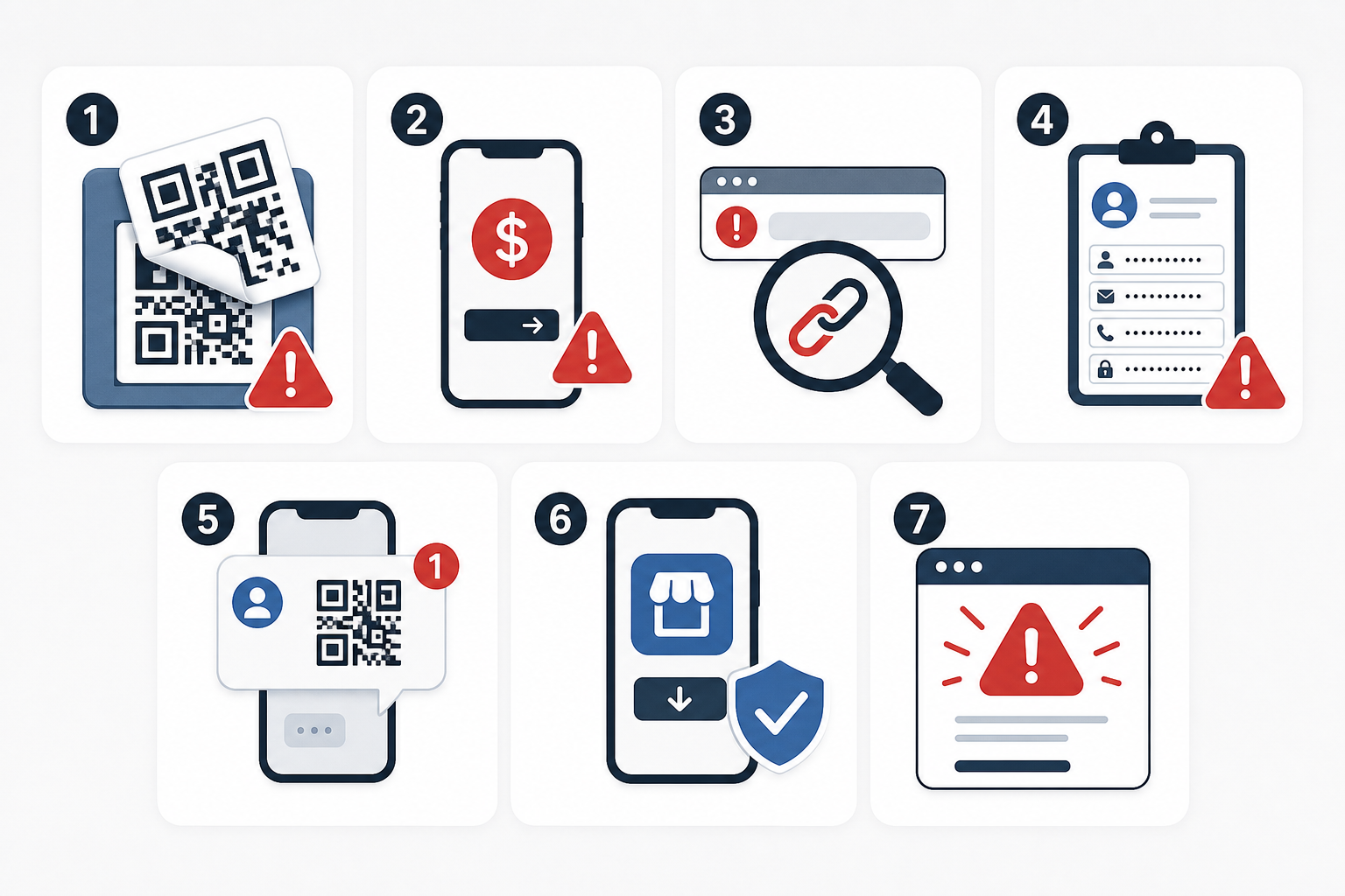Seven-panel visual guide showing warning signs of QR code scams, including stickers, payment requests, suspicious links, and urgent security prompts.