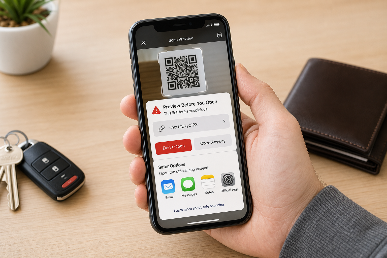 Phone showing a QR code scan preview warning before opening a suspicious shortened link.