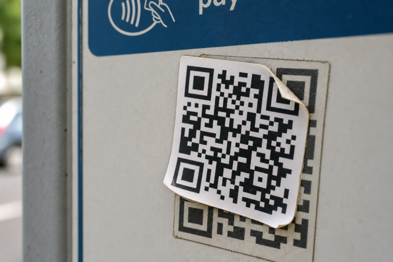 Layered QR code sticker on a public payment sign showing how QR codes can be tampered with for AI scams.