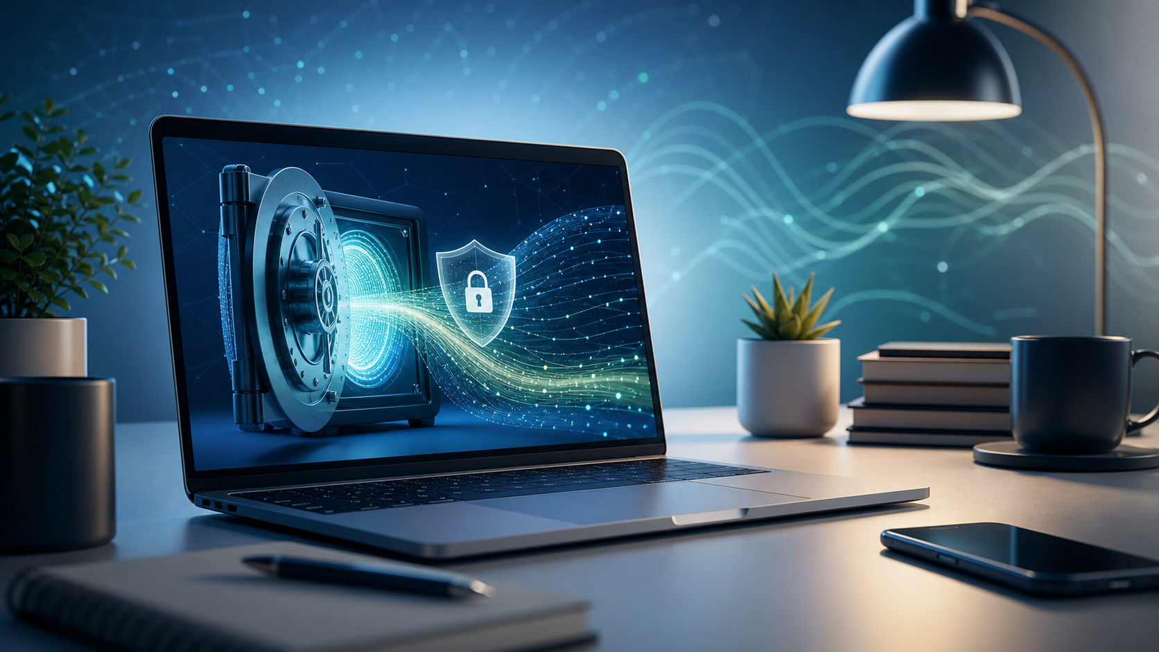 Quantum computing and encryption visual showing personal data protected in a digital vault