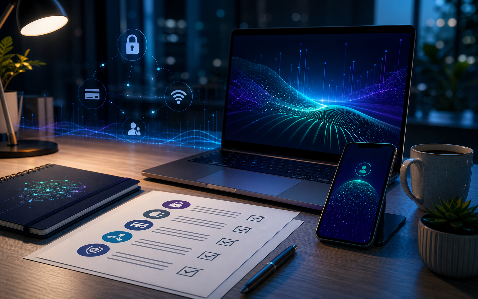 Cyber safety field guide workspace with laptop, phone, checklist, and secure digital signals