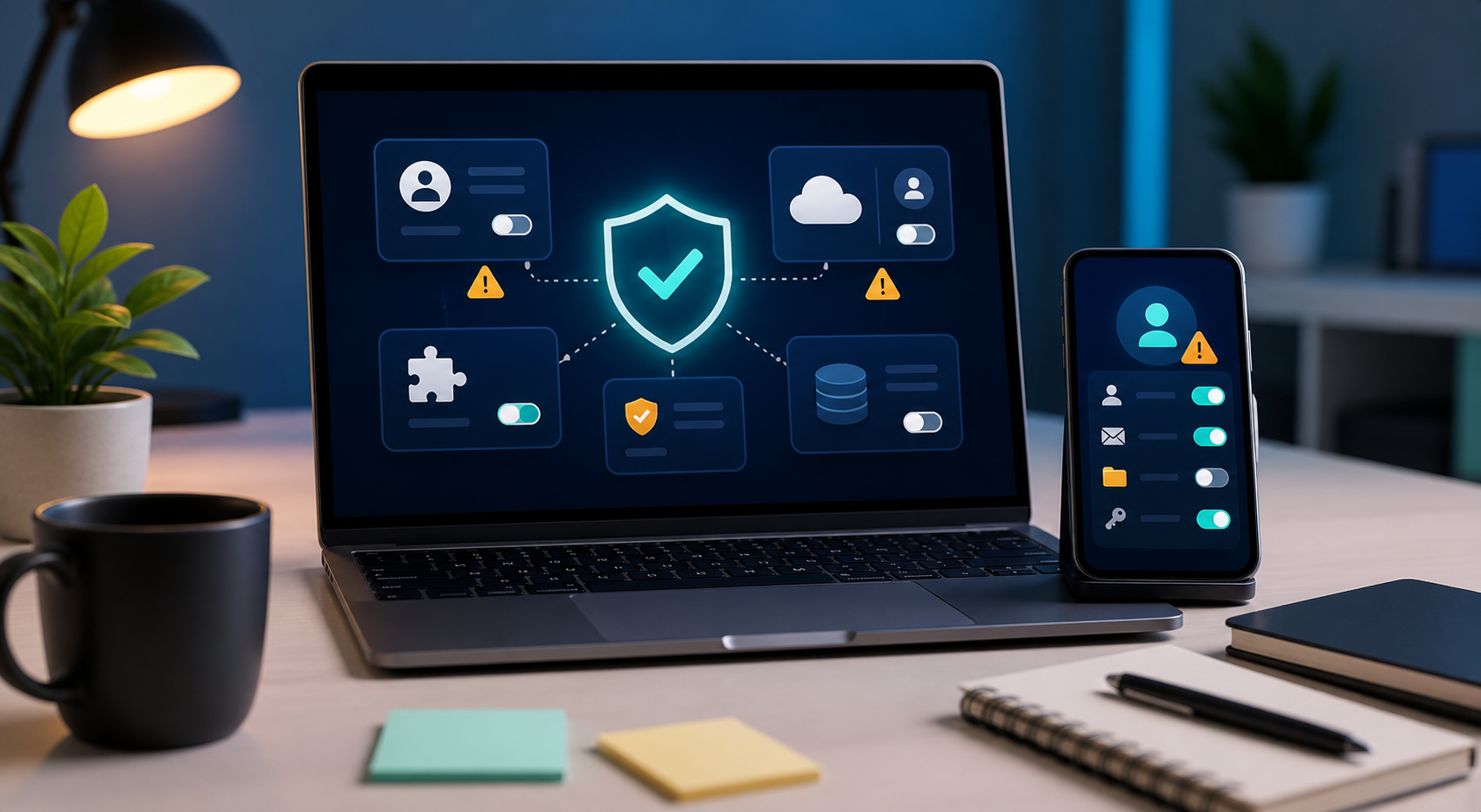 AI tool safety visual showing privacy permissions and account access checks on personal devices