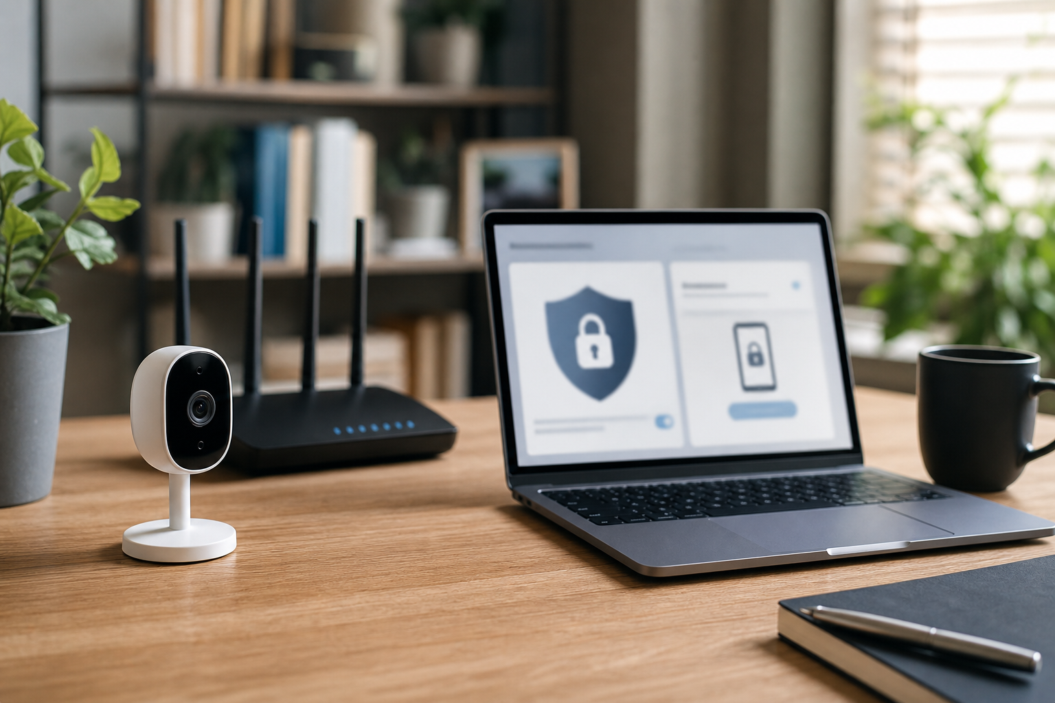 Home security camera beside a router and laptop showing account protection controls.