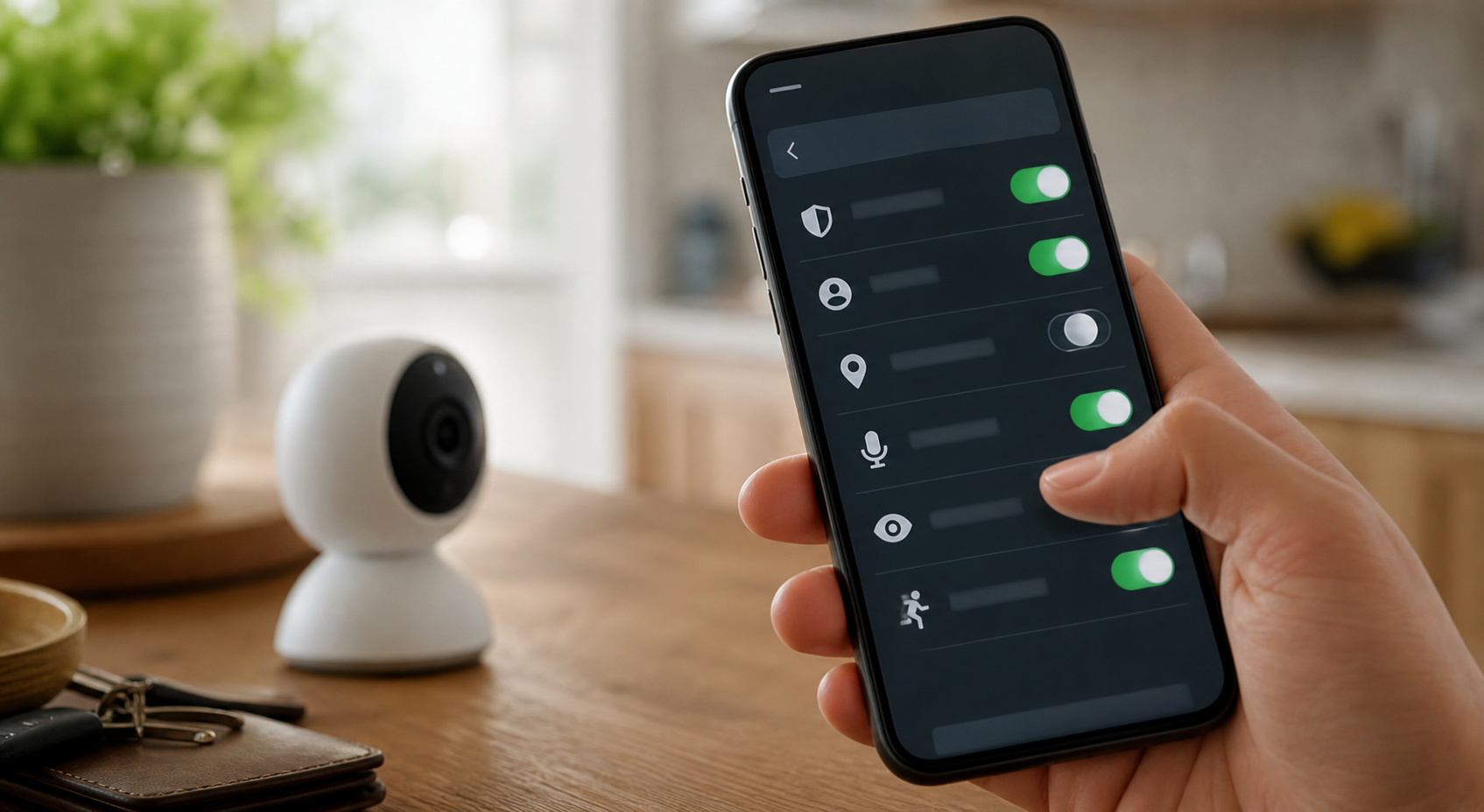 Phone app privacy controls for a home security camera with toggles for camera, location, microphone, and motion settings.