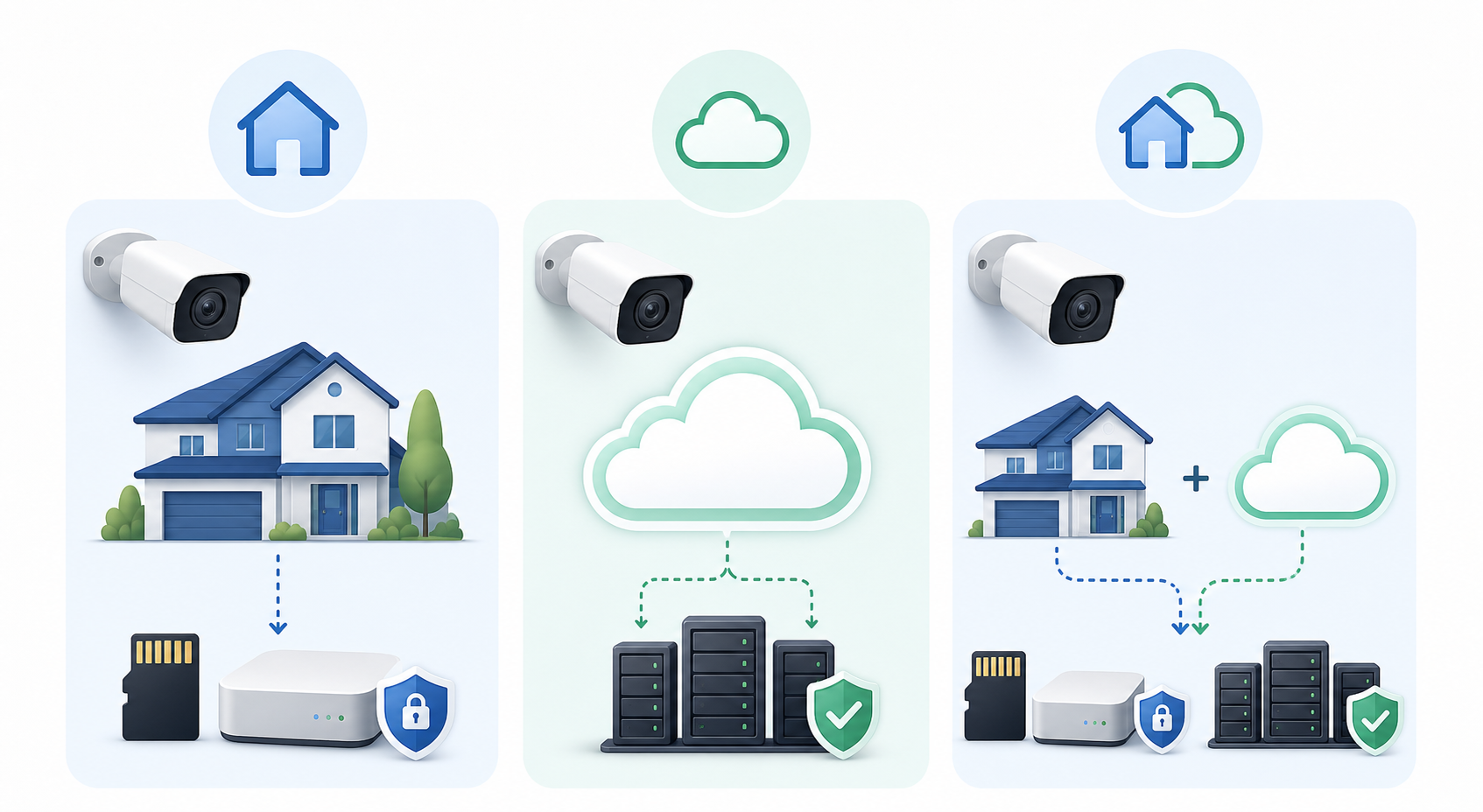 Diagram showing local, cloud, and hybrid storage options for home security camera footage.