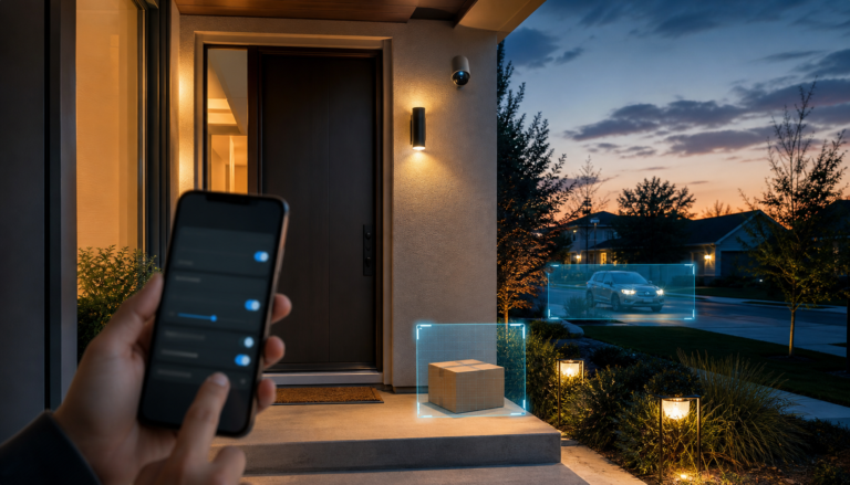 Smart home security camera at a front door with a phone showing privacy controls and AI detection around a package and driveway.