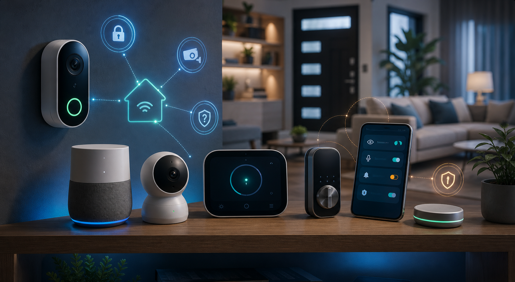 Smart home security visual showing connected household devices, camera access, and privacy controls