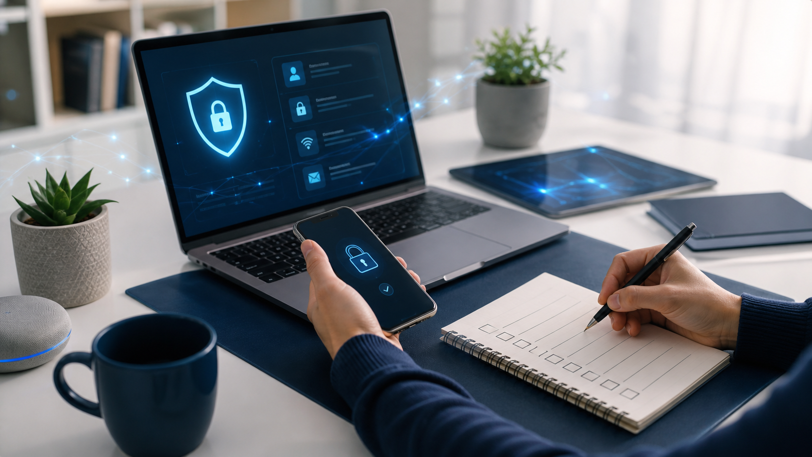 Consumer using a phone, laptop, and checklist to organize first cyber safety steps