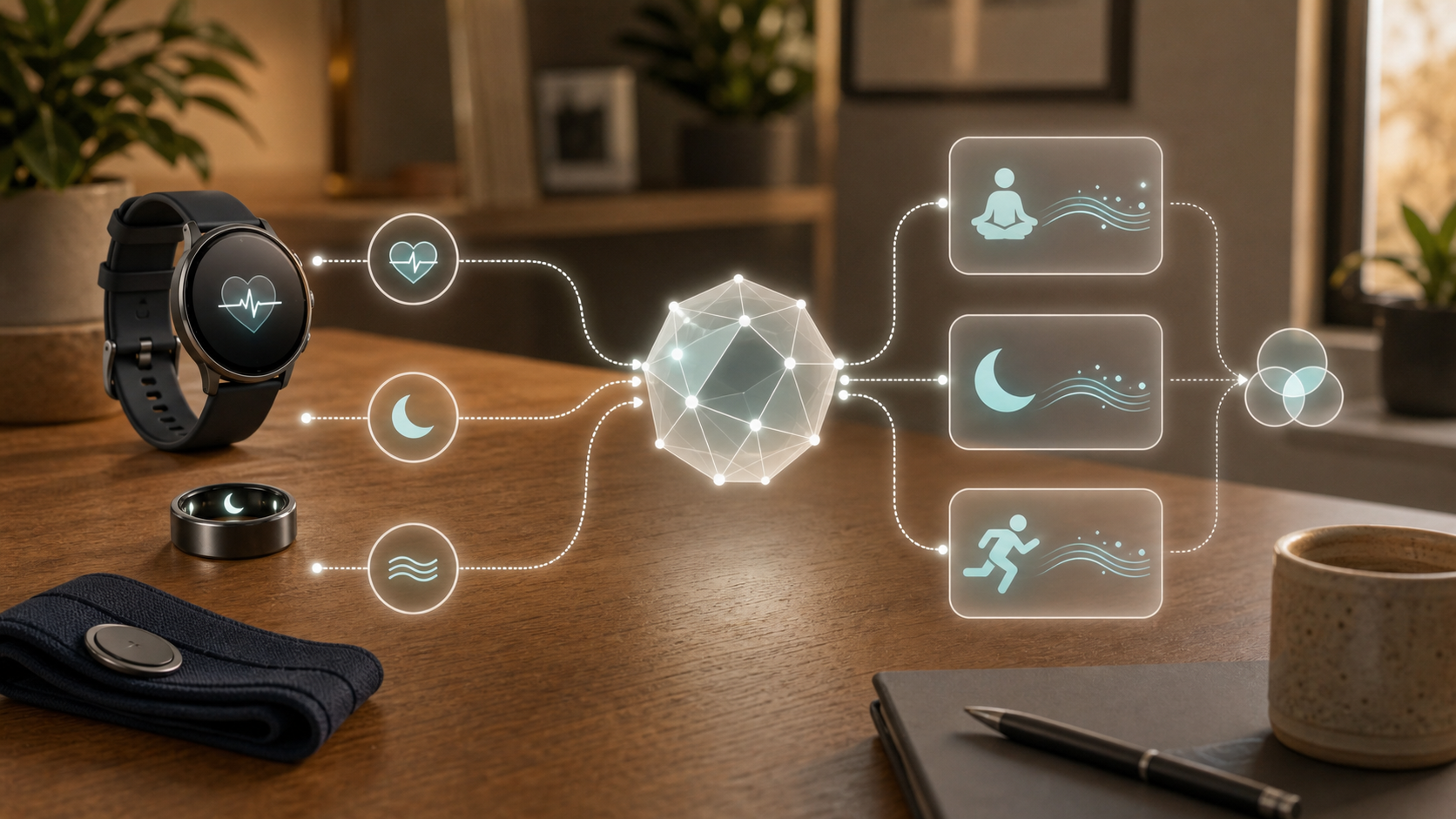 Heart, sleep, and body signals from a watch and ring flow through an AI node into recovery, rest, and activity symbols.