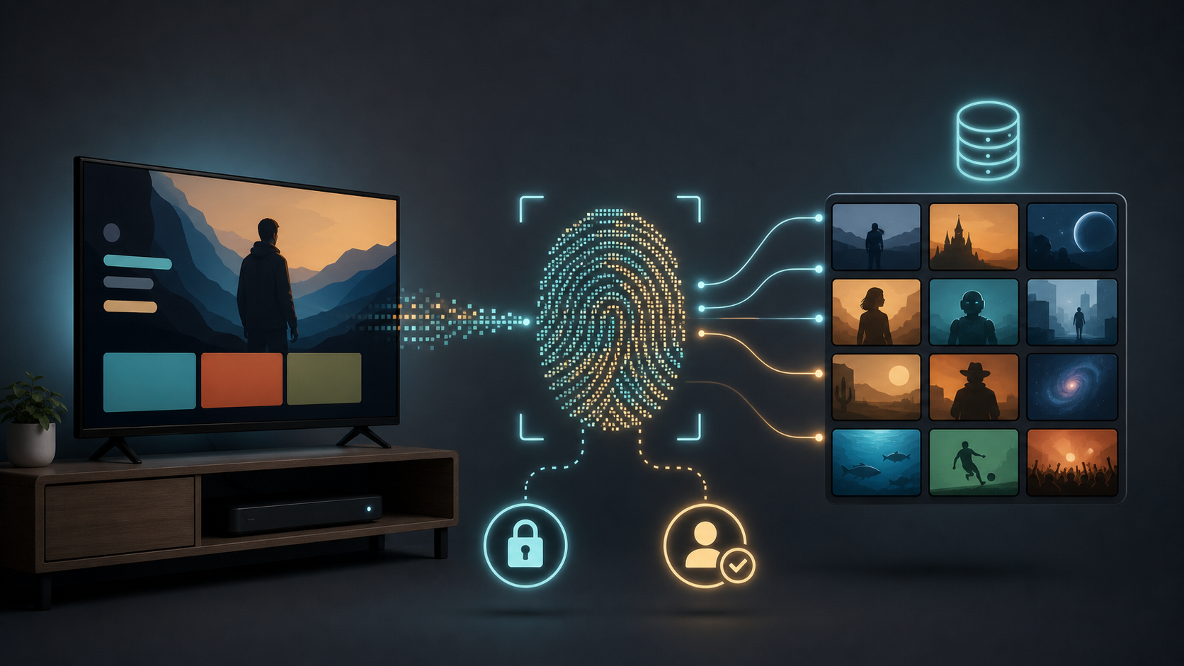 Smart TV screen content fingerprint connected to an abstract media library and privacy icons.