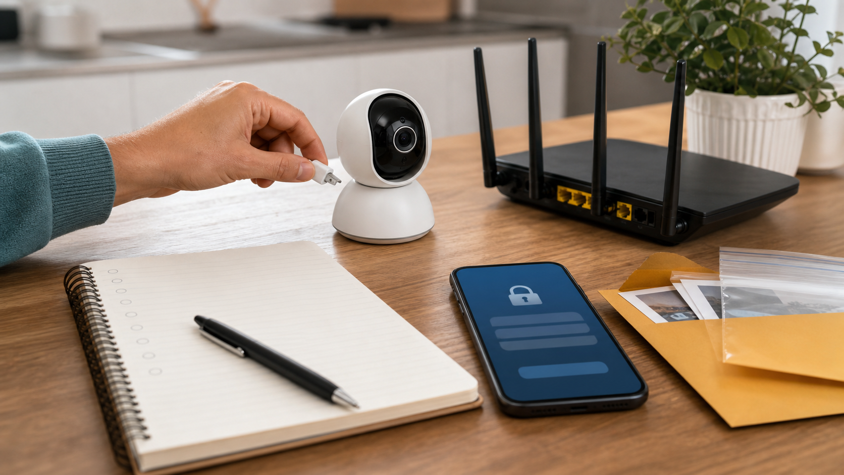 Hand unplugging a nursery camera beside a router, phone security screen, notebook, and evidence envelope.