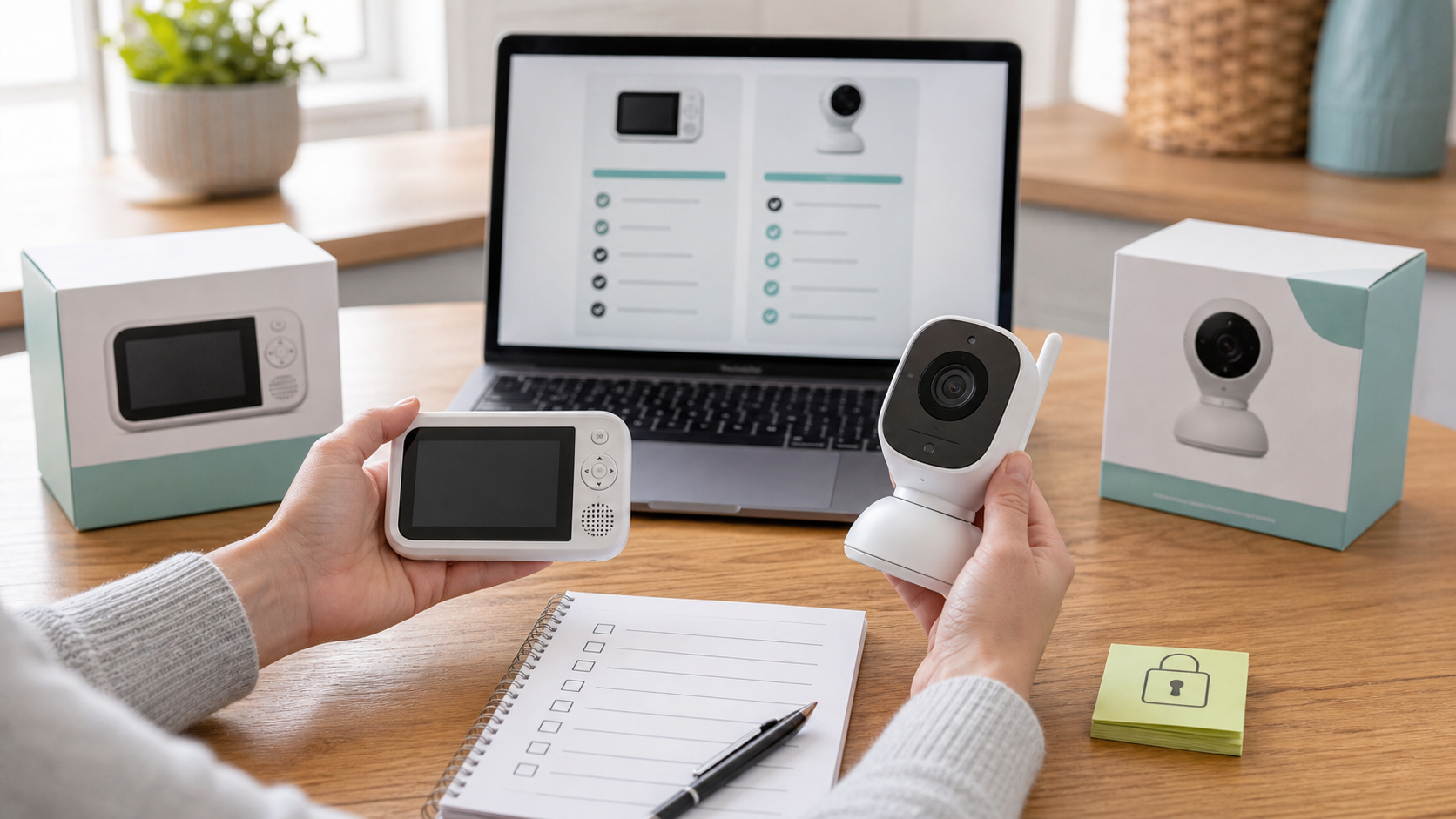 Parent comparing a local baby monitor and Wi-Fi nursery camera beside a privacy checklist.