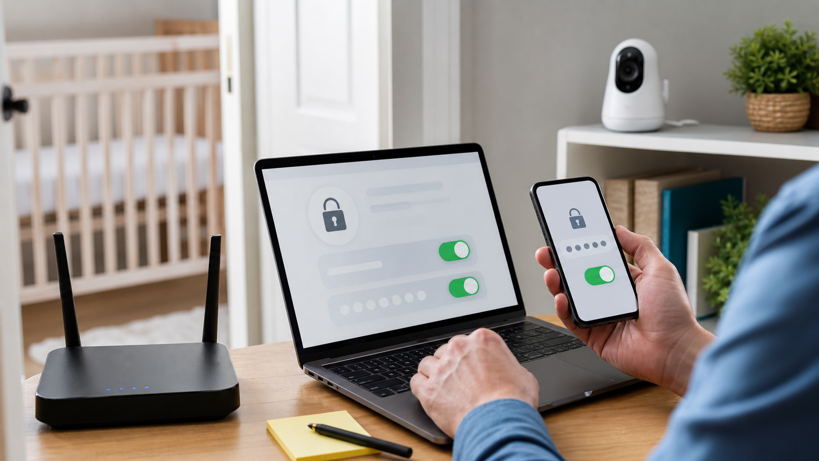 Adult setting up security controls on a phone and laptop beside a home router and nursery camera.
