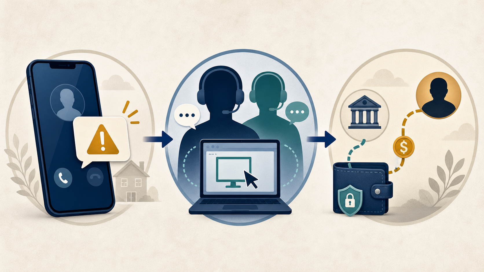Three-stage illustration showing a fake phone alert, false support handoff with remote access, and a diverted money transfer.