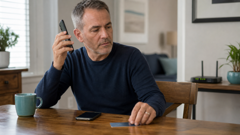 Man pauses a suspicious phone call at home while reaching toward a face-down bank card beside a second phone. Bank impersonation scams.