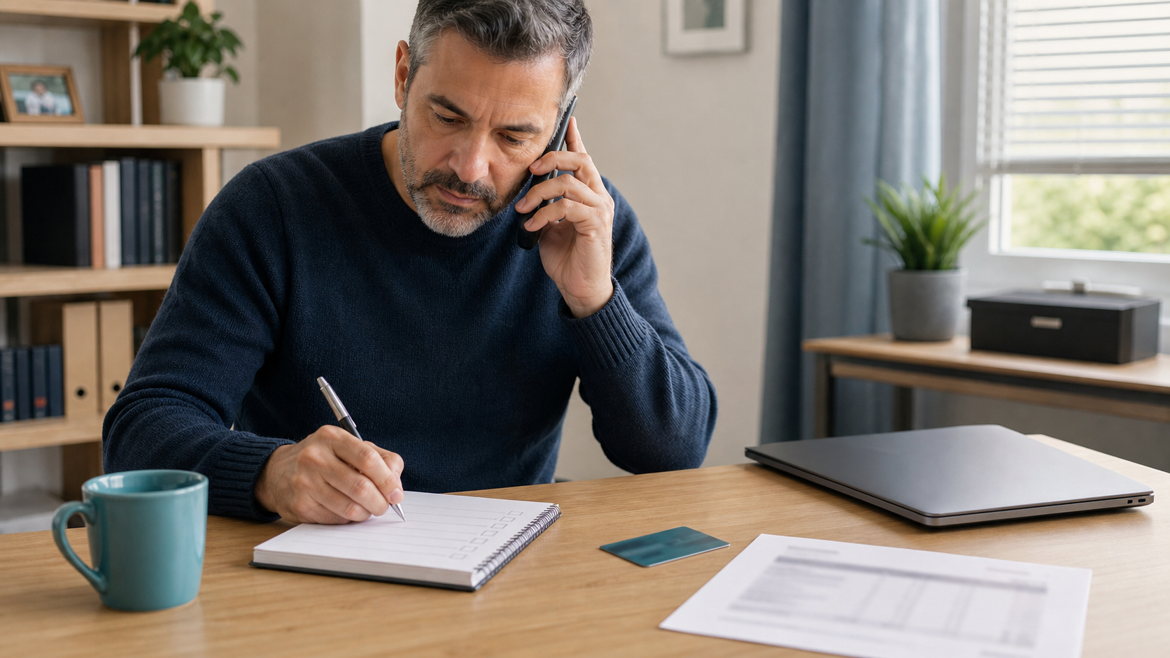 Man calls his bank from a home desk while writing an incident timeline beside blurred financial records.