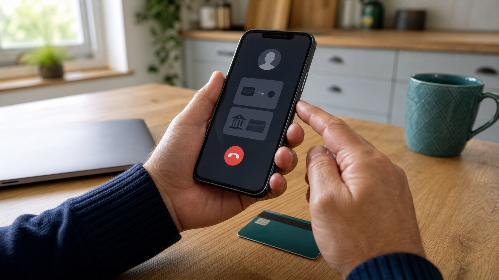 Hands pause a suspicious call on a smartphone beside an unbranded bank card and closed laptop.