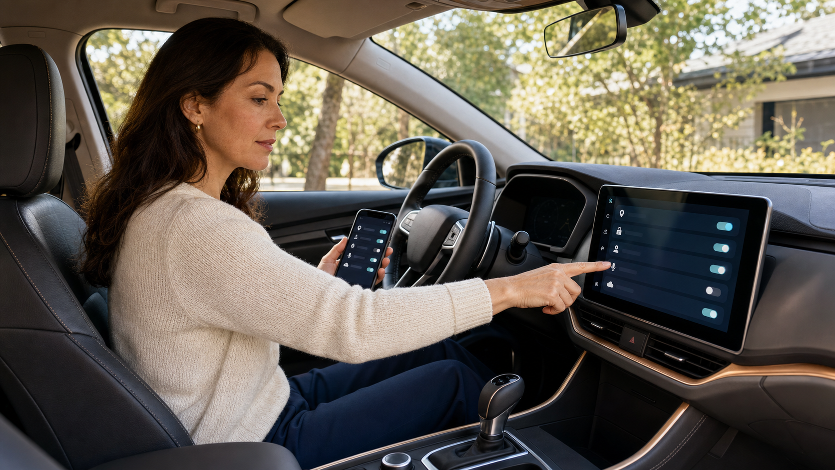 Woman reviews phone and dashboard privacy controls in a parked car.