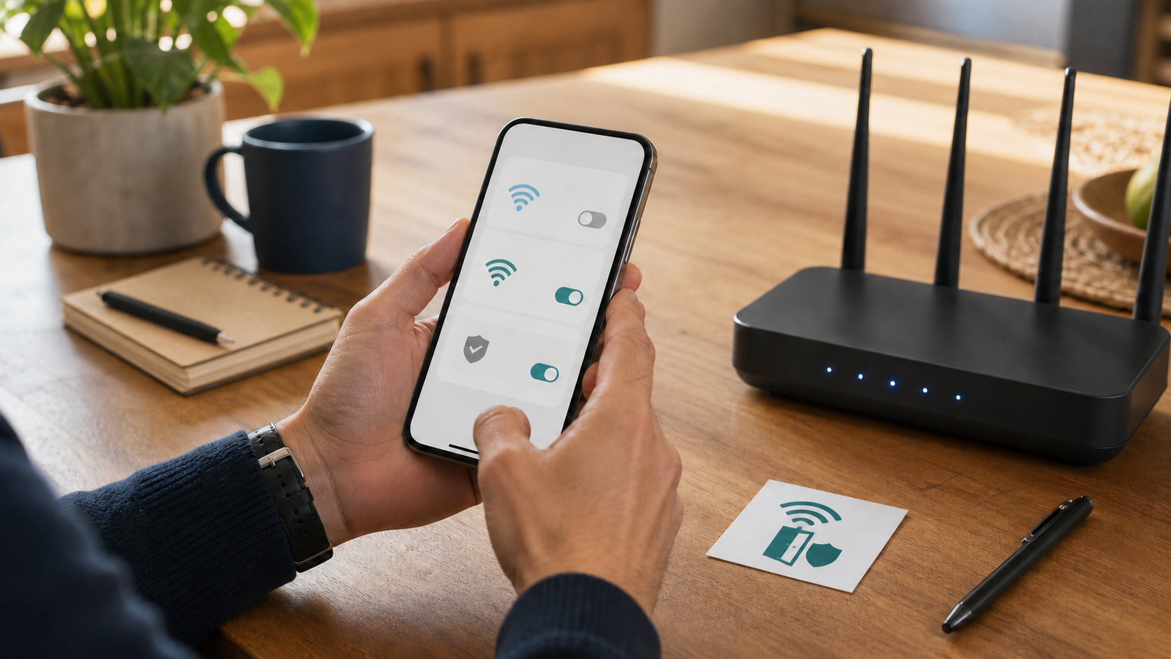Person configuring separate guest Wi-Fi access on a phone beside a router and a non-scannable access-card symbol.
