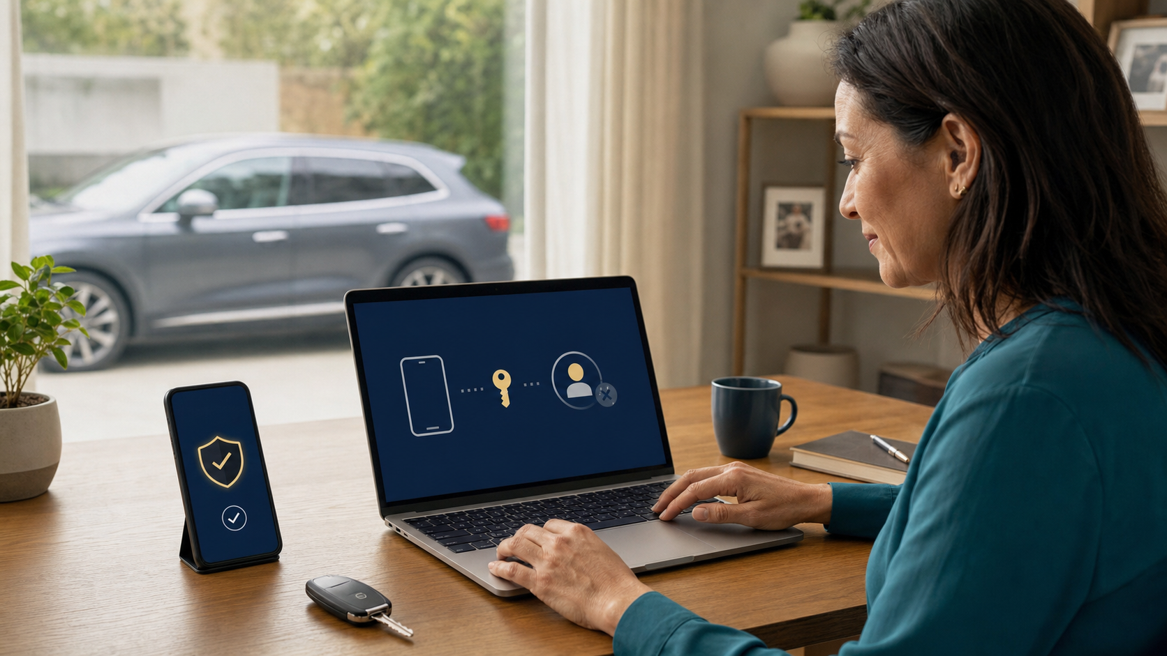 Woman removes an unknown digital user from a connected-car account using trusted devices.
