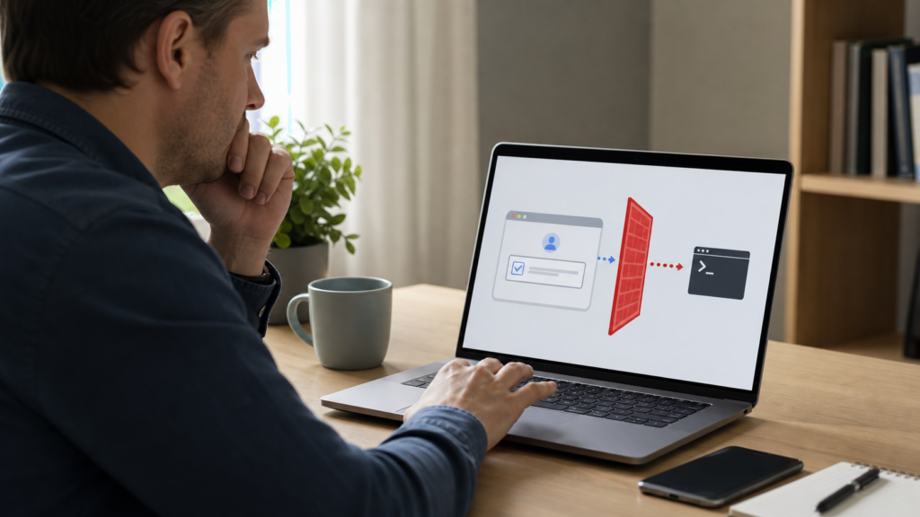 Person pauses at a laptop showing a browser verification card blocked from a command window because of a fake CAPTCHA.