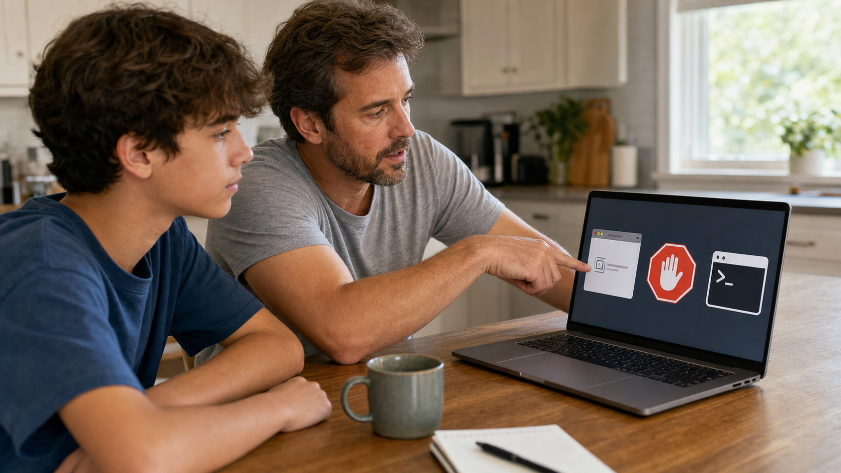 Parent and teenager calmly stop at a laptop showing a suspicious verification-to-command prompt.
