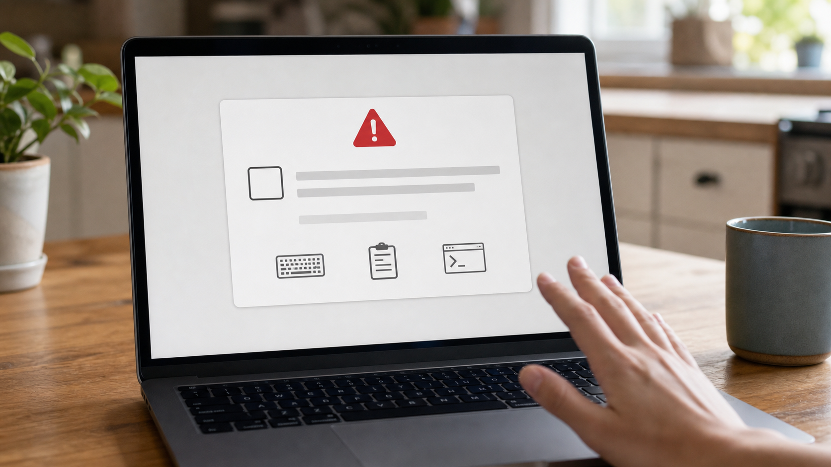 Hand pulls back from a laptop showing a suspicious verification card and command-window warning icons.