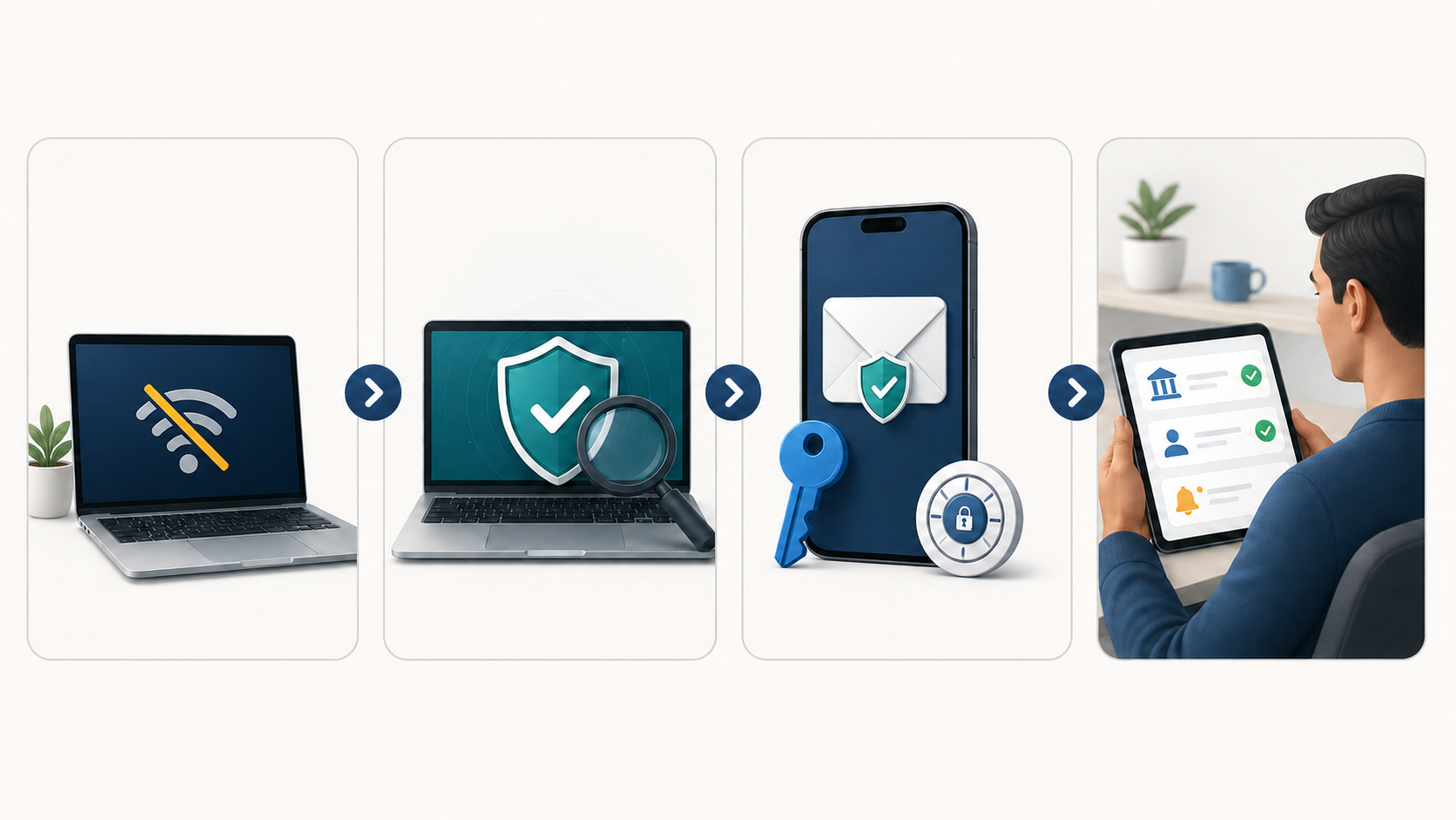 Four recovery steps show a laptop with one Wi-Fi-off symbol, a security scan, email protection, and account-alert review.