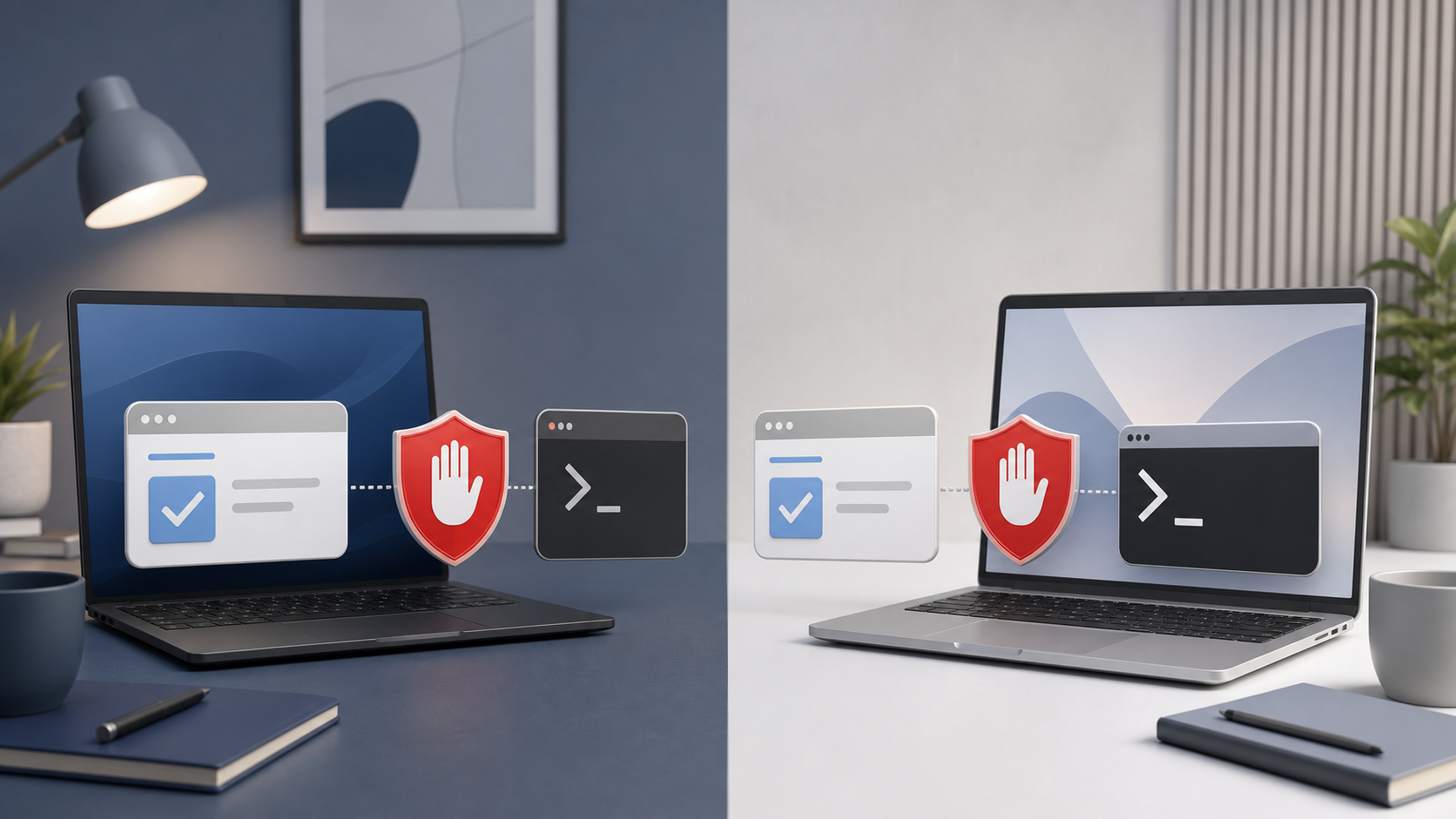 Two laptops show browser verification cards blocked from command windows by red stop shields.