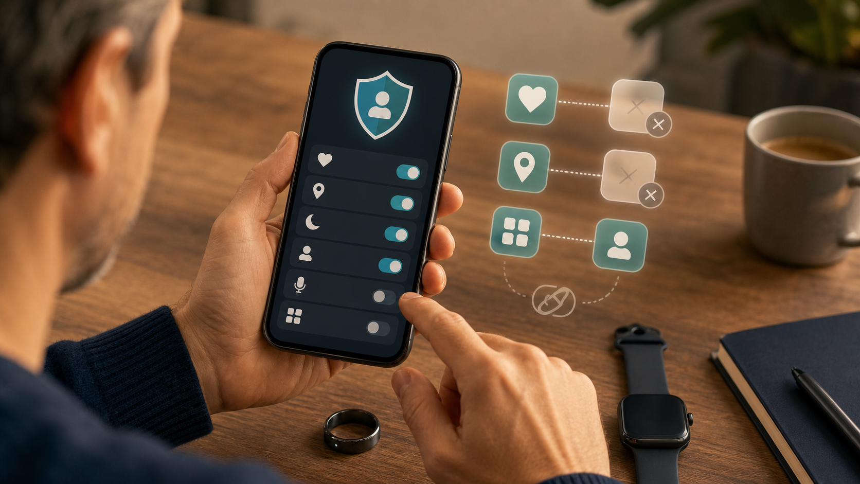 Person reviews health, location, sleep, microphone, and connected-app permissions beside a watch and ring.