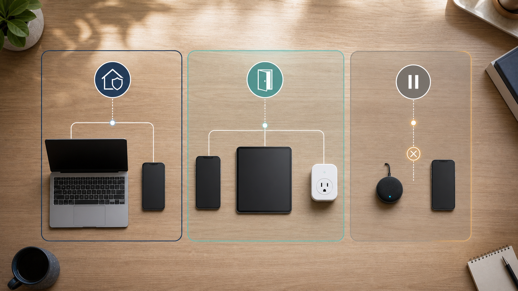 Diagram grouping a trusted laptop and phone on the main network, visitor devices and a smart plug on guest access, and unfamiliar devices as disconnected.