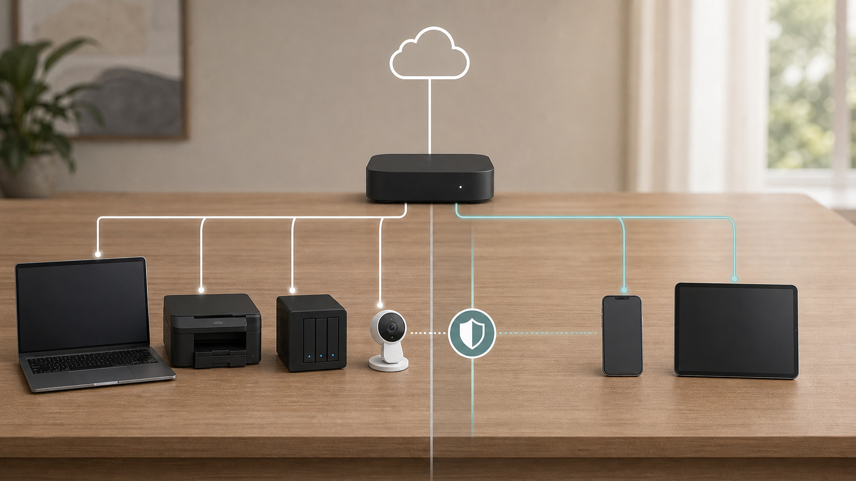 Diagram showing guest devices separated from computers, storage, a printer, and a camera on the main network.