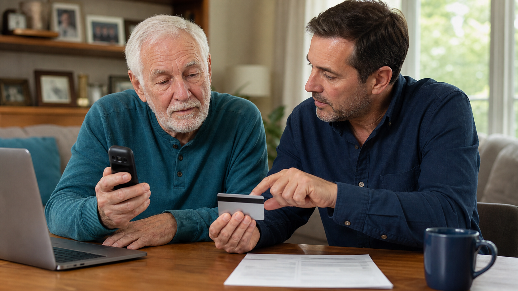 Older man and adult relative sit together with a phone and unbranded bank card while checking a suspicious call.