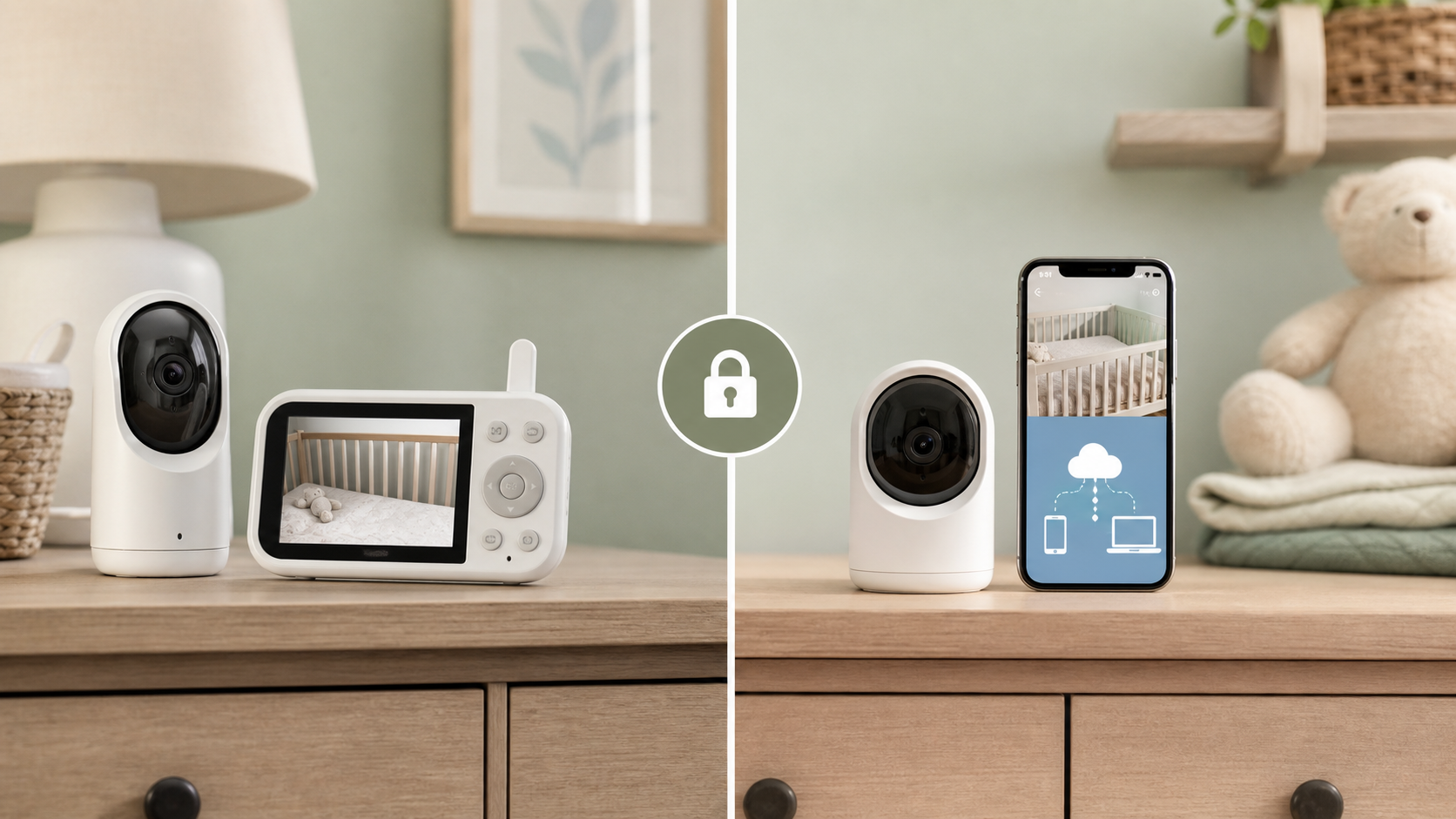 Side-by-side view of a local baby monitor receiver and a cloud-connected phone app setup.