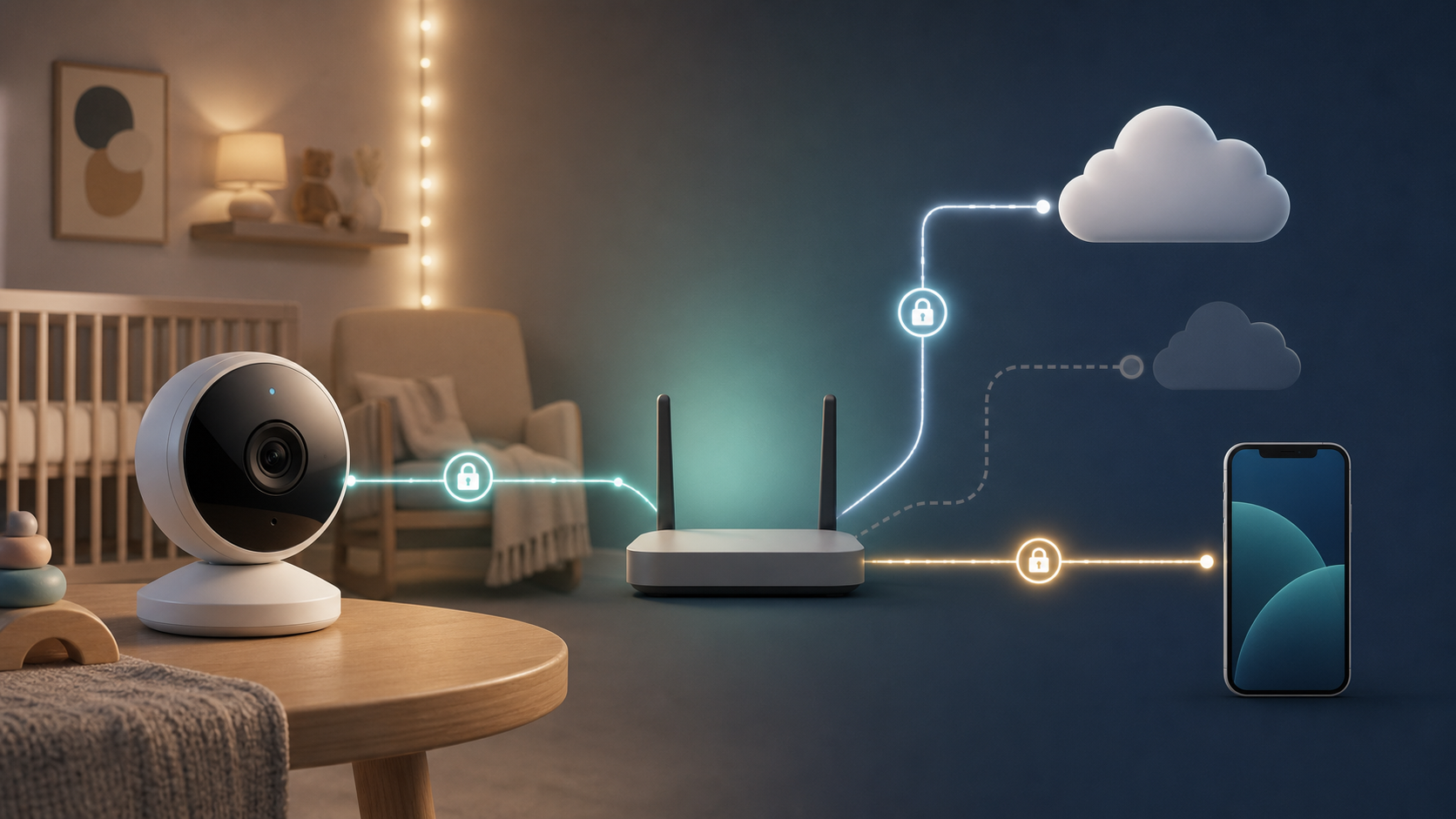 Nursery camera connected to a router, phone, and cloud icons with lock symbols on the paths.