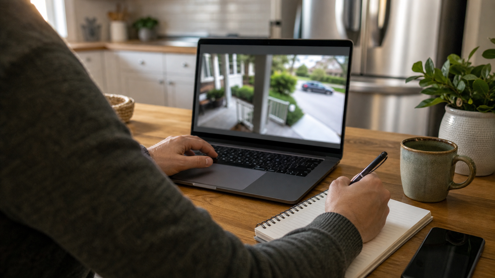 Person reviewing doorbell footage on a laptop while taking notes at a kitchen table.