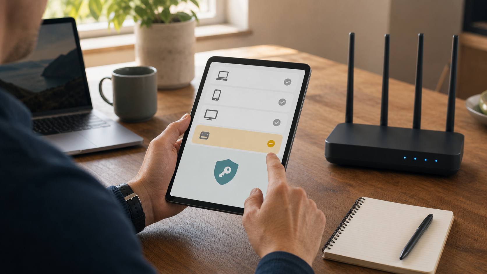 Homeowner reviewing router connections and removing an unfamiliar device from the main network.
