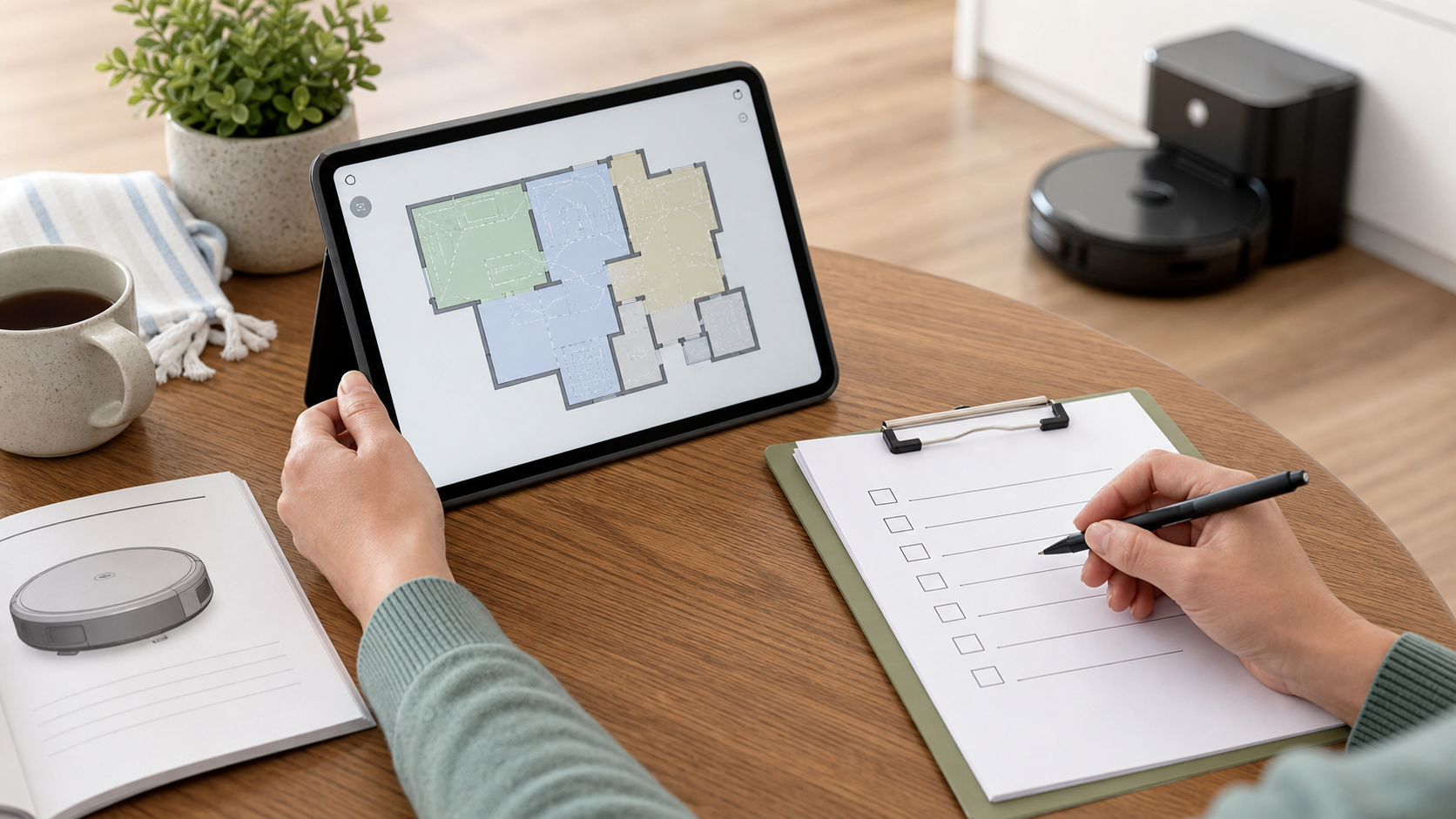 Person reviewing an abstract robot vacuum home map beside a privacy checklist.