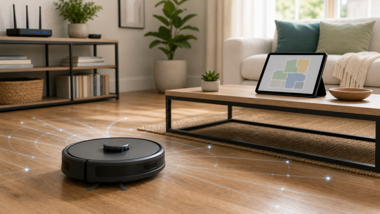Robot vacuum mapping a living room floor near a tablet showing an abstract home map.